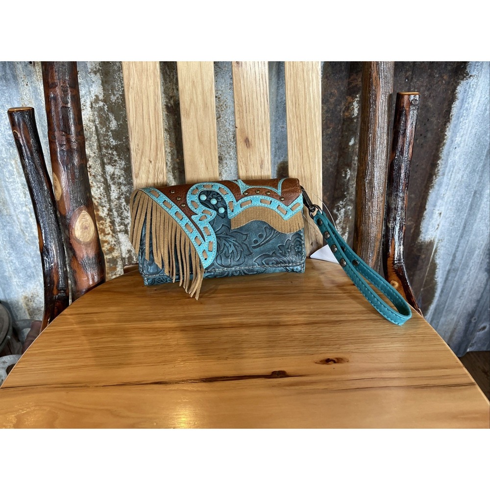 Tooled Western Wallet With Fringes - Turquoise